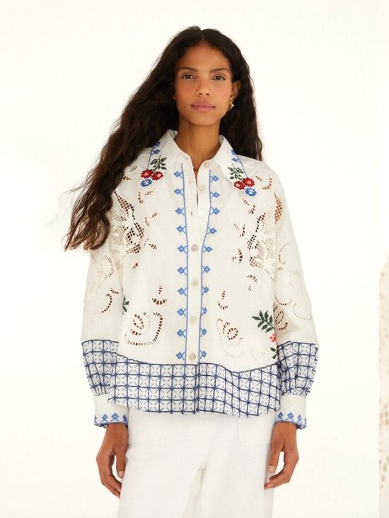FARM Rio Tops - FARM Rio Off White Flowers Embroidery Richelieu Shirt